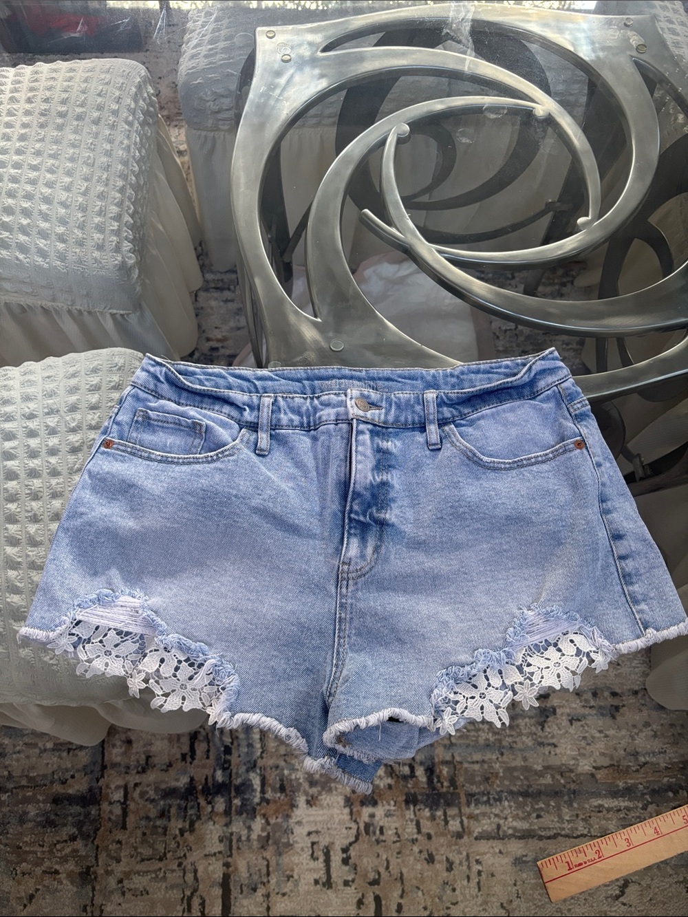 wild fable Light Blue Denim Lace-Hem High-Rise Shorts